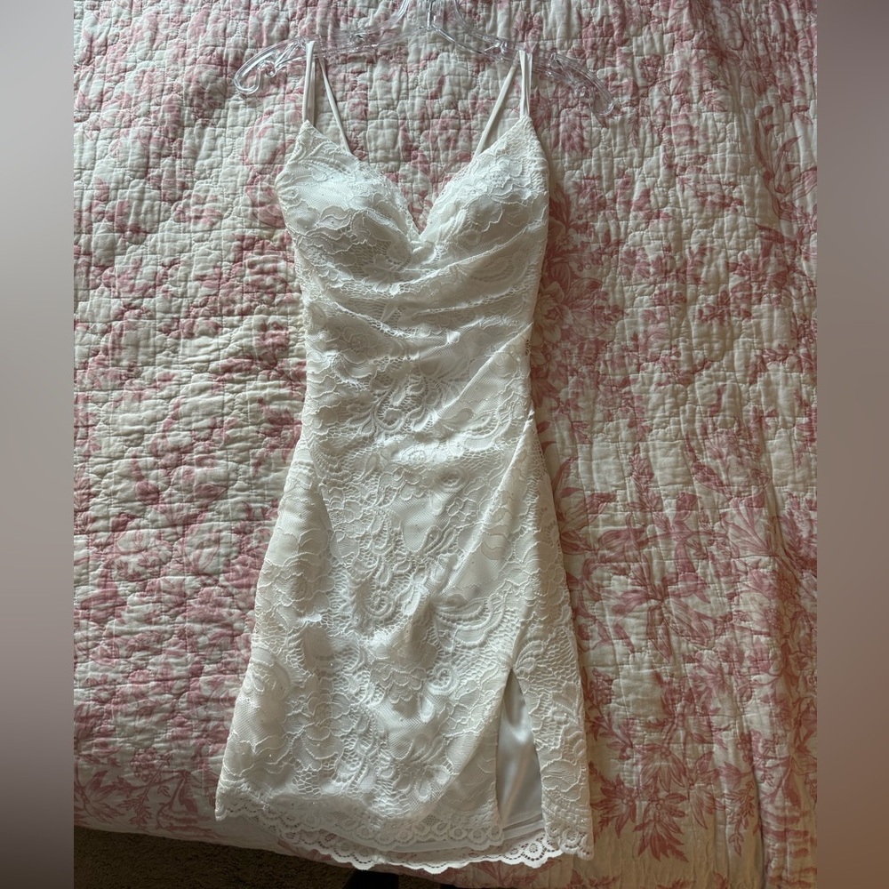 La Femme White Lace Bodycon Ruched Slip Dress w/ Slit and Tie Back